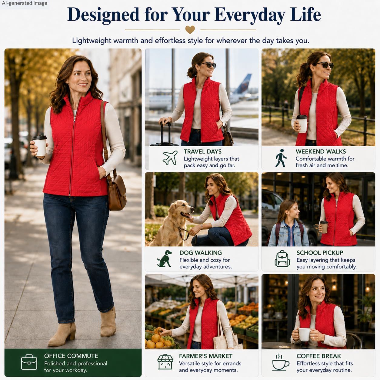 Bienzoe Gilet matelassé décontracté pour femme : veste légère et pliable sans manches, Rouge, 3X-Large