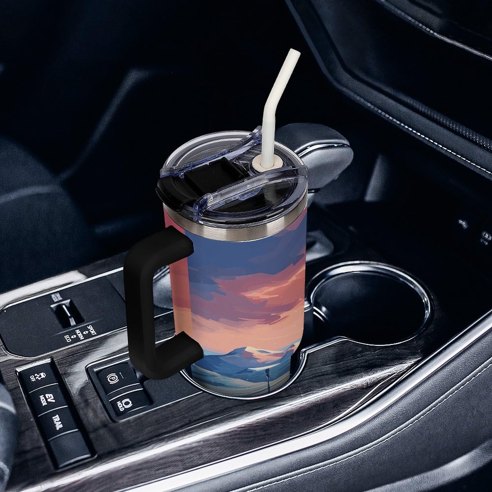 Isolierter Kaffeebecher, Ski-Board, bedruckter Strohhalmbecher mit Griff, Reisebecher, geeignet für Arbeit, Reisen, Zuhause und Auto