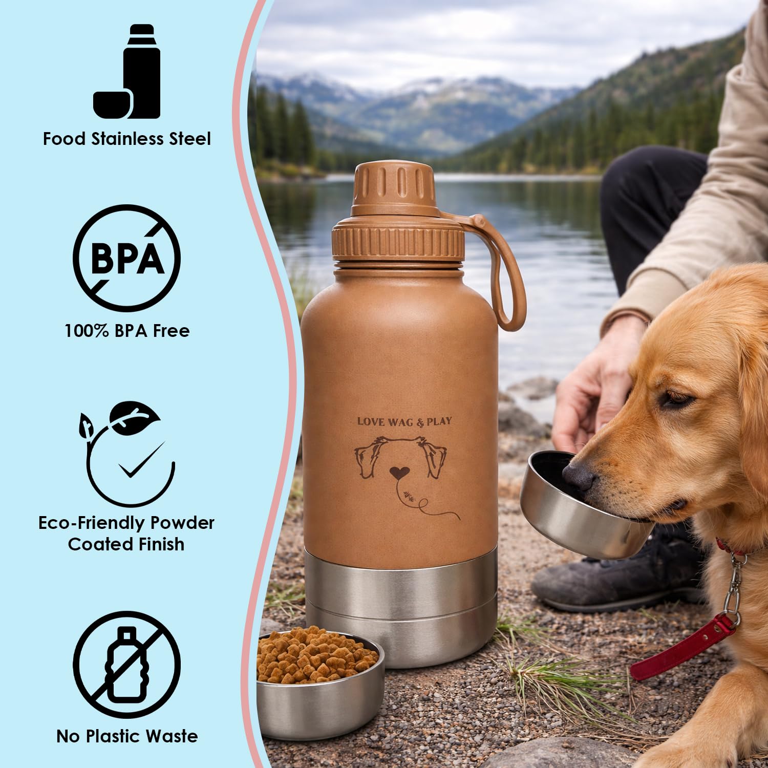 LOVE WAG & PLAY Botella de agua para perros de 32 onzas, botella de viaje portátil 2 en 1 con cuencos integrados, a prueba de fugas, sin BPA, para senderismo, paseos, uso al aire libre (marrón