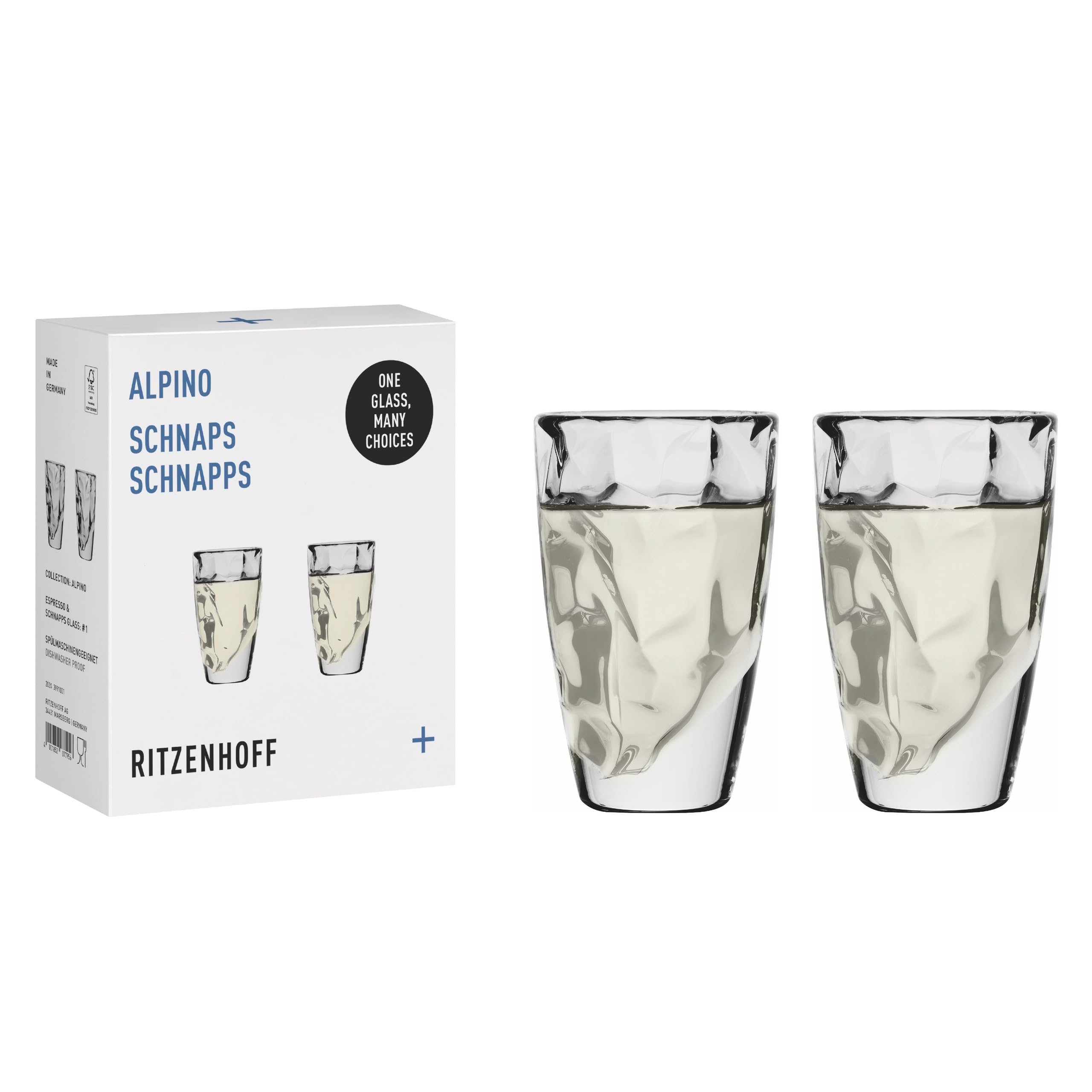 3991001 Shot Glass 40 ml Set of 2 Alpino Design Mountain Relief Structure Round and Multicoloured Made in Germany
