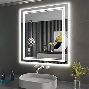 28 x 32 Inch LED Bathroom Mirror, Front Light and Backlit Anti-Fog Dimmable Memory Lighted Vanity Mirror, Shatterproof Wall-Mounted Led Mirror for Bathroom