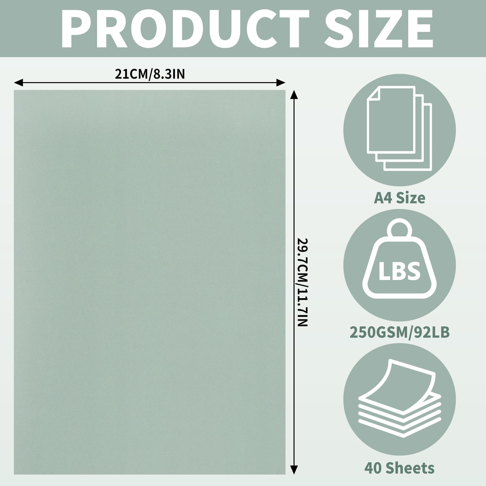 40 Fogli Carta Colorata Salvia A4 Cartoncino Morandi 250GSM 92LB per Fai da Te, Arte, Scrapbooking