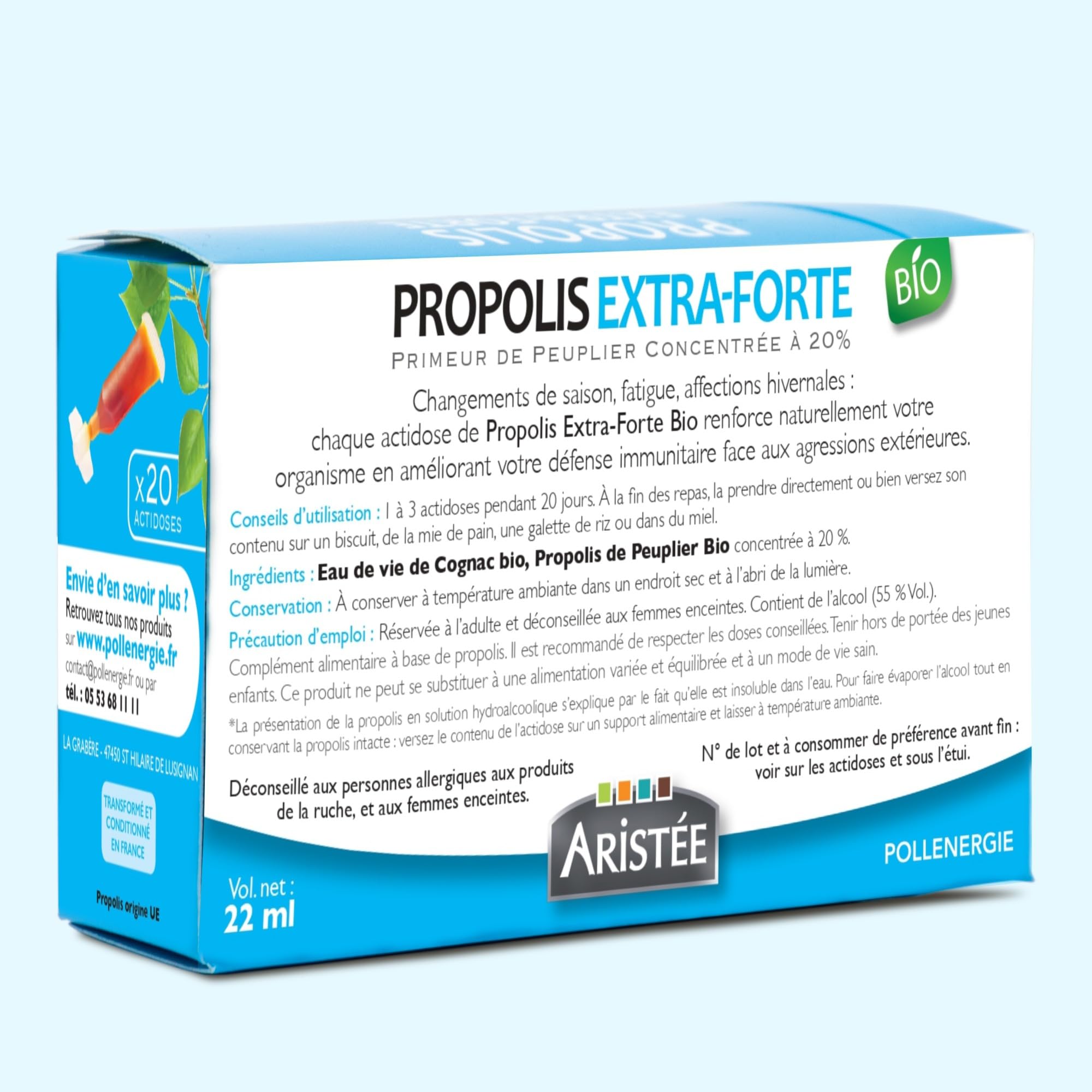 Teinture mère de propolis BIO, Défense Immunitaire & gorge irritée, Cure de 20 jours, 20 Actidoses, 95 mg Polyphénols par Dose, 100% naturel, Fabriquée en France, POLLENERGIE.