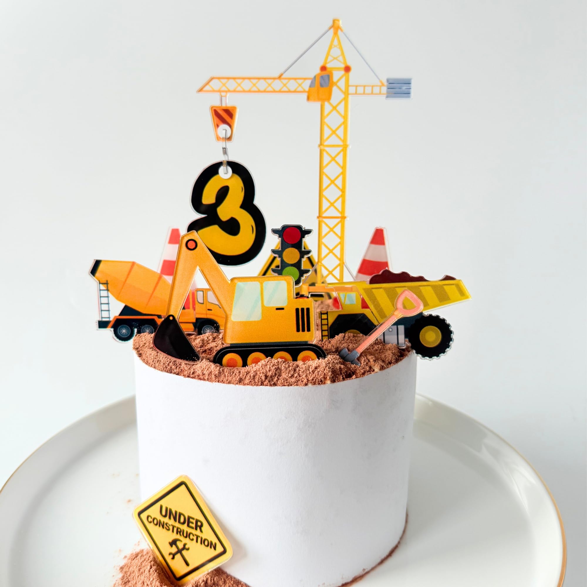 TheLittleStuff Personalised Vehicle Digger Crane Birthday Cake Topper, Black and Yellow, 10x13cm Crane, 4x6cm Vehicle