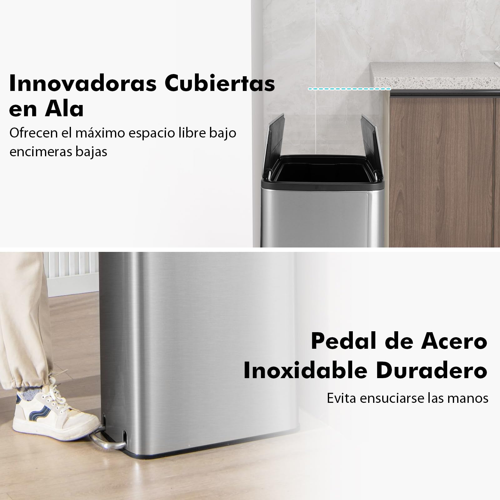 GIANTEX Cubo de Basura de Acero Inoxidable, Bote de Basura de 46 Litros, con 2 Tapas y Pedal, Cubo Interior Extraíble, 26 x 52 x 68 cm, Cubo de Basura para Cocina, Comedor, Inodoro