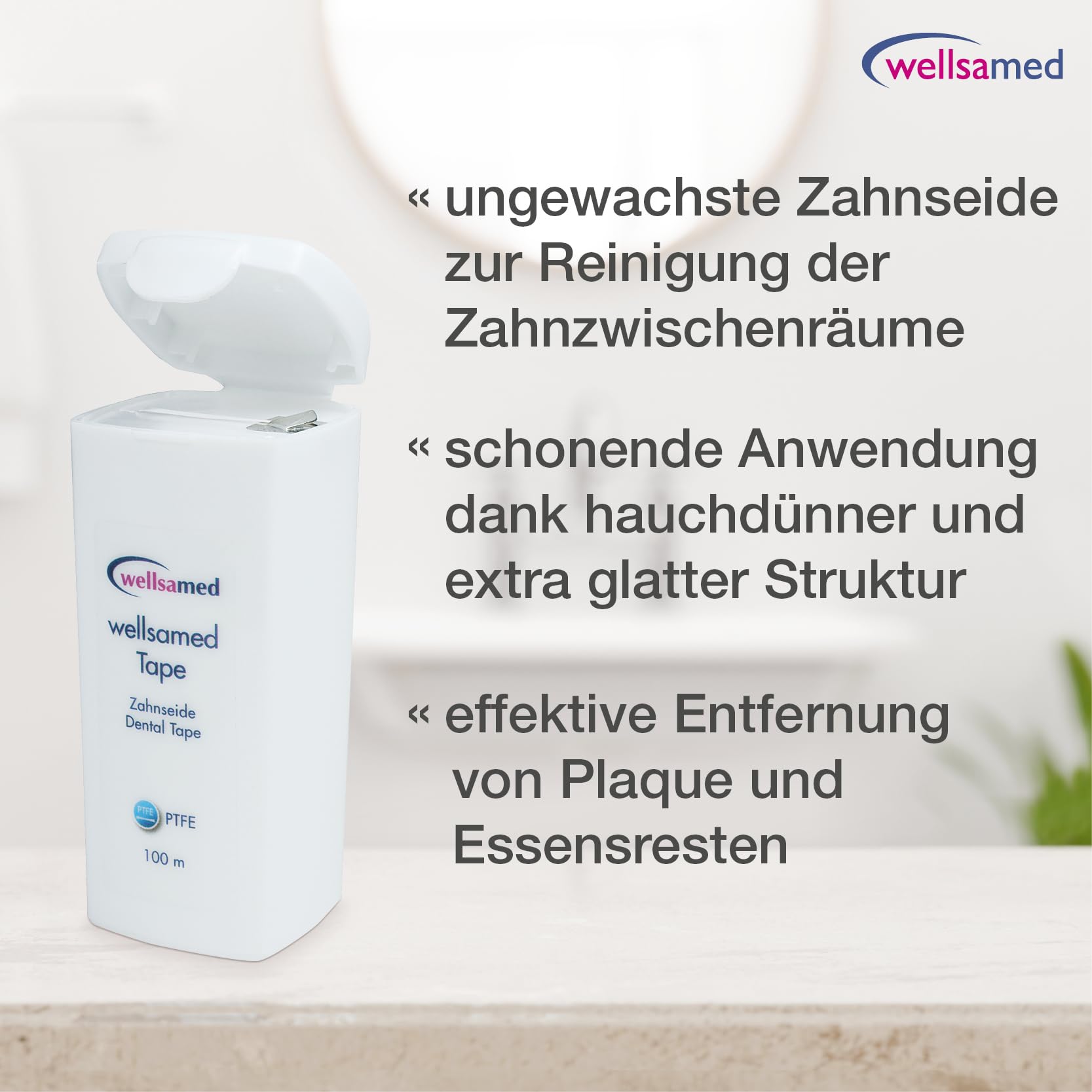 Wellsamed ungewachste Zahnseide aus PTFE im 100m Spender Geschmacksneutral, für eine gründliche Zahnzwischenraumreinigung (40 Stück)