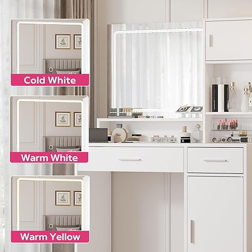 Miniatura 3 de Escritorio de tocador con espejo y tira de luz LED, tocador con cajón grande, tocador de almacenamiento de 3 niveles y 3 modos de iluminación brillo