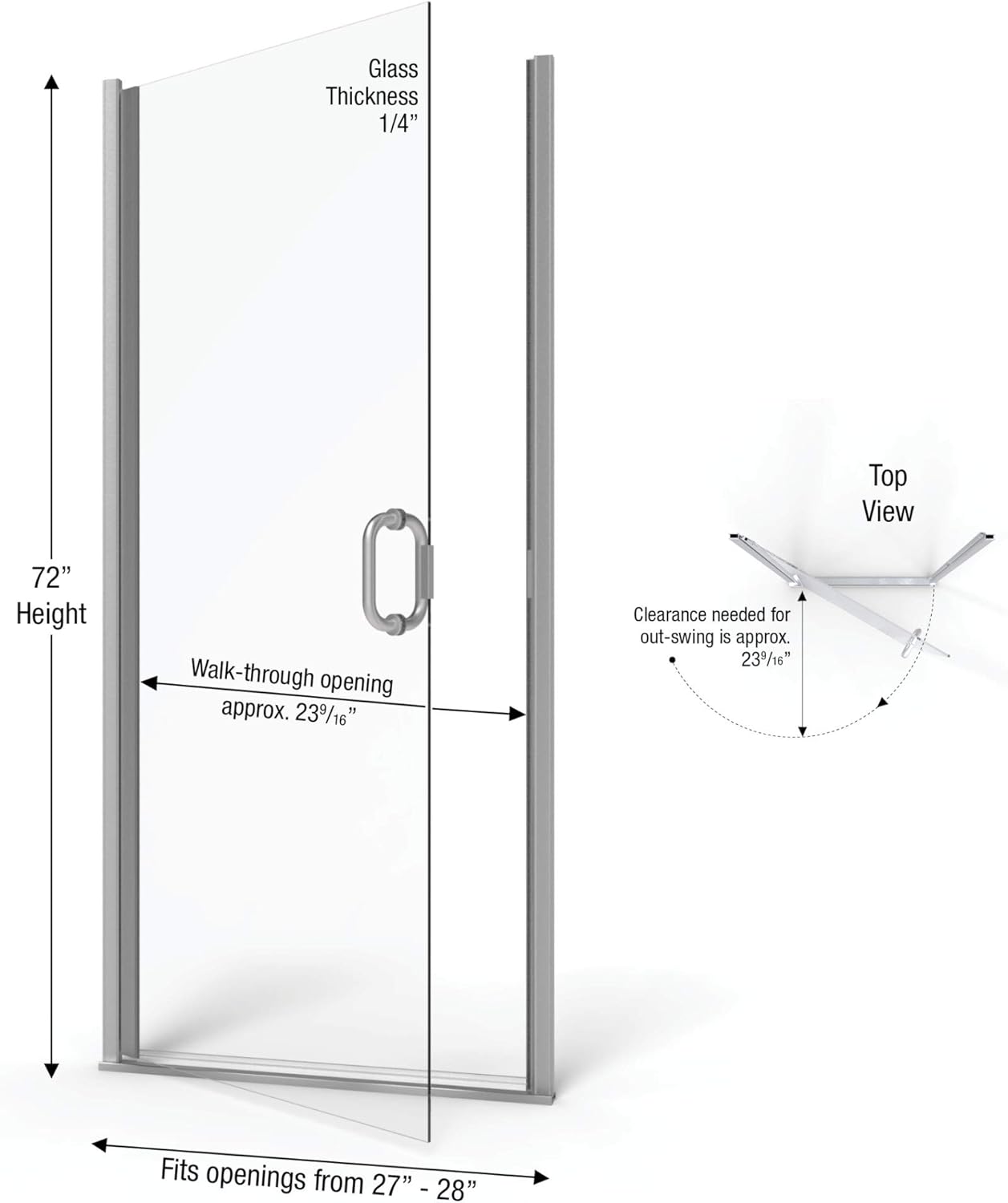 Basco Shower Door INFN00A2872XPBN Infinity Swing Shower Door, Brushed Nickel, 27.0625-28 in. Wide x 72 in. high, AquaGlideXP Clear Glass