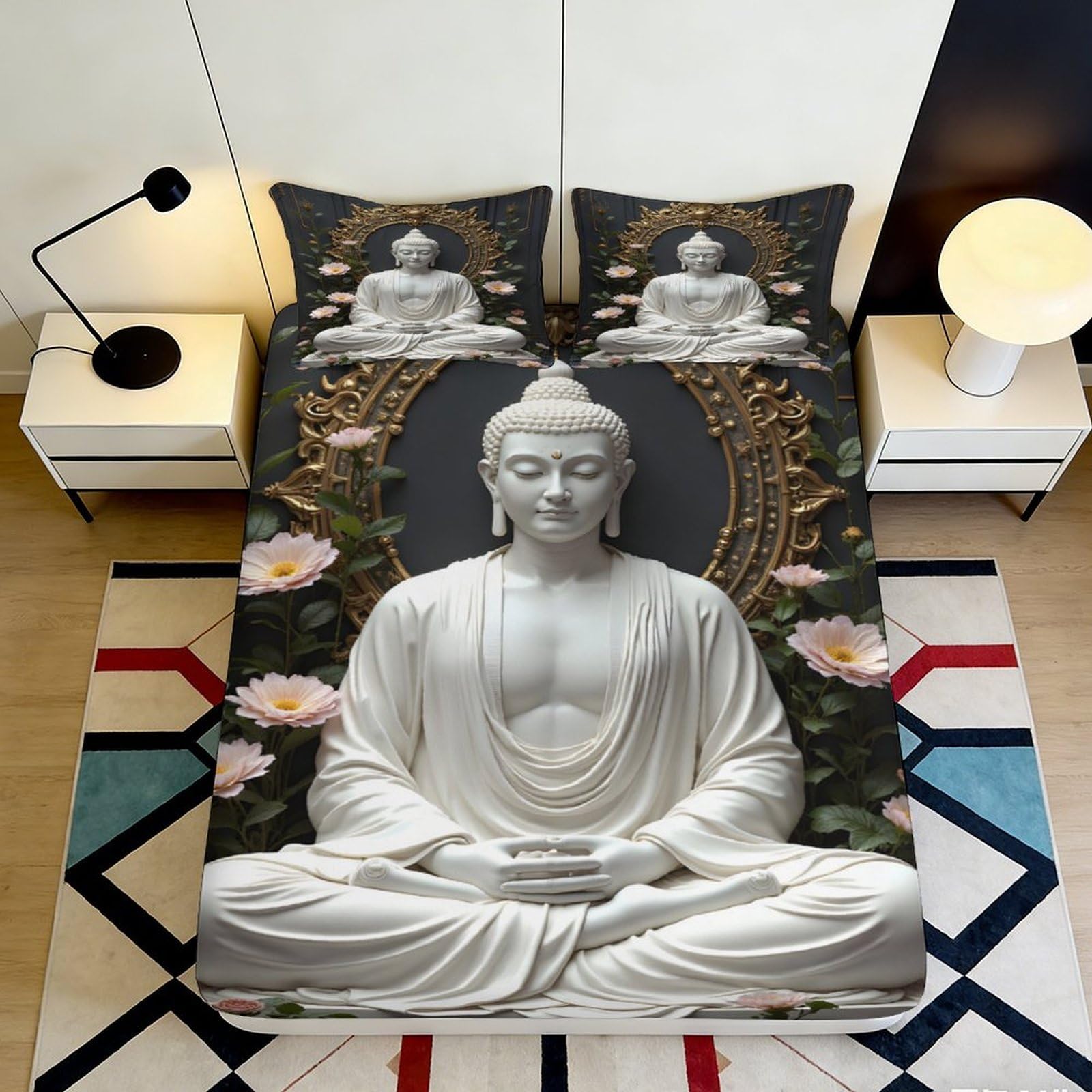 3D Printed Zen Buddha Microfiber Fitted Sheet Deep Pocket Non-Slip Bedroom Bedding Buddhist Mattress Fitted Cover 200x200x25cm 90x200x25cm