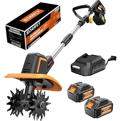 SOARFLY Upgraded Cordless Tiller for Gardening with 8.0Ah (2×4.0Ah Batteries), 48 Steel Tines Battery Rototiller, 9" Width 6.6" Depth Garden Tiller Cultivator for Soil, Tending & Composting (Orange)