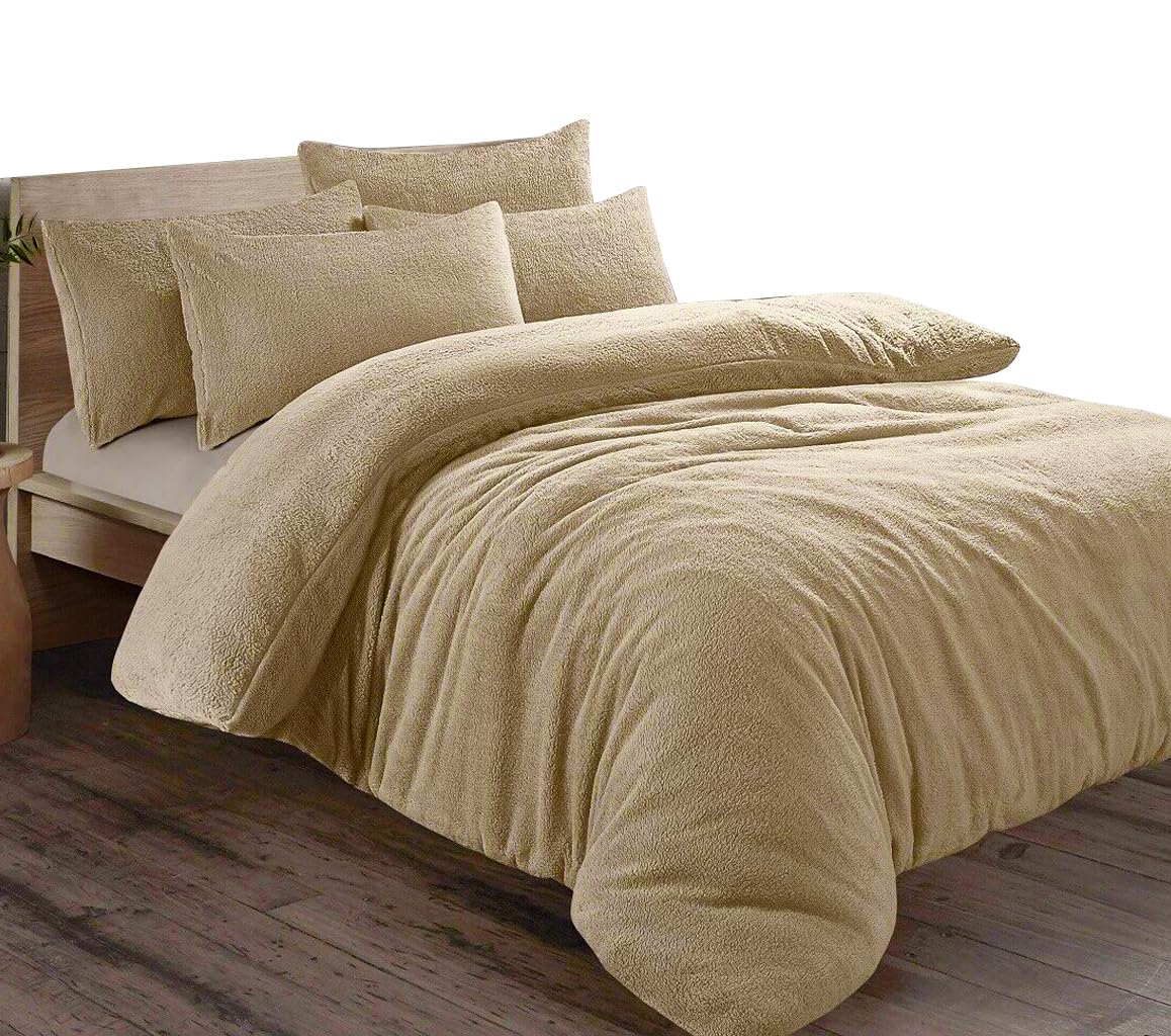 Teddy Fleece Plain Duvet Cover Set with Pillowcase - Double Mink Soft Cosy Thermal Warm Luxury Bedding Set Cuddly Comforter Quilt Cover with Matching Pillow Case