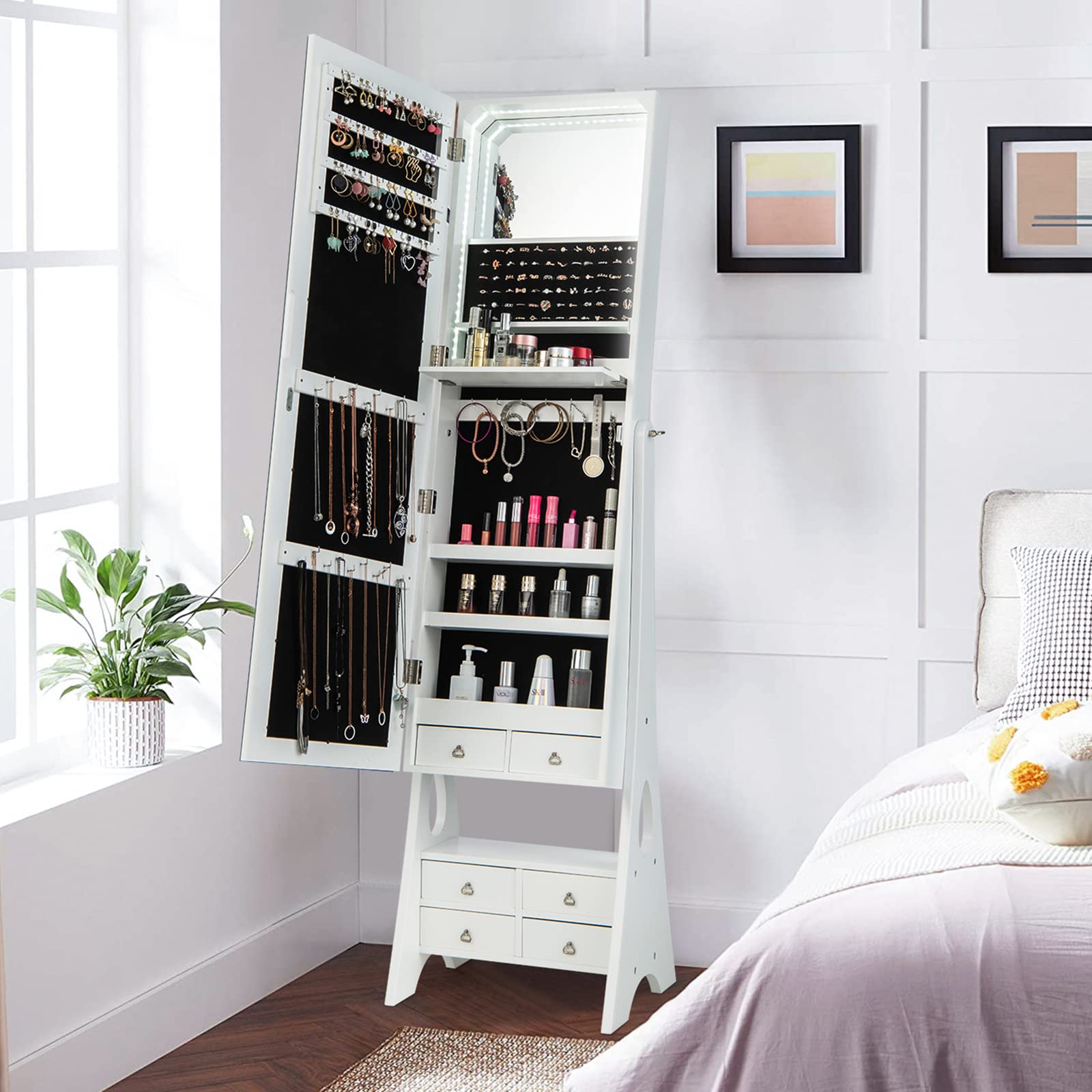 CHARMAID Jewelry Cabinet with LED Light Strip, Floor Jewelry Armoire with 62.5'' High Full Length Mirror, Vanity Mirror, Foldable Makeup Shelf, Jewelry Organizer Storage with 6 Drawers (White)