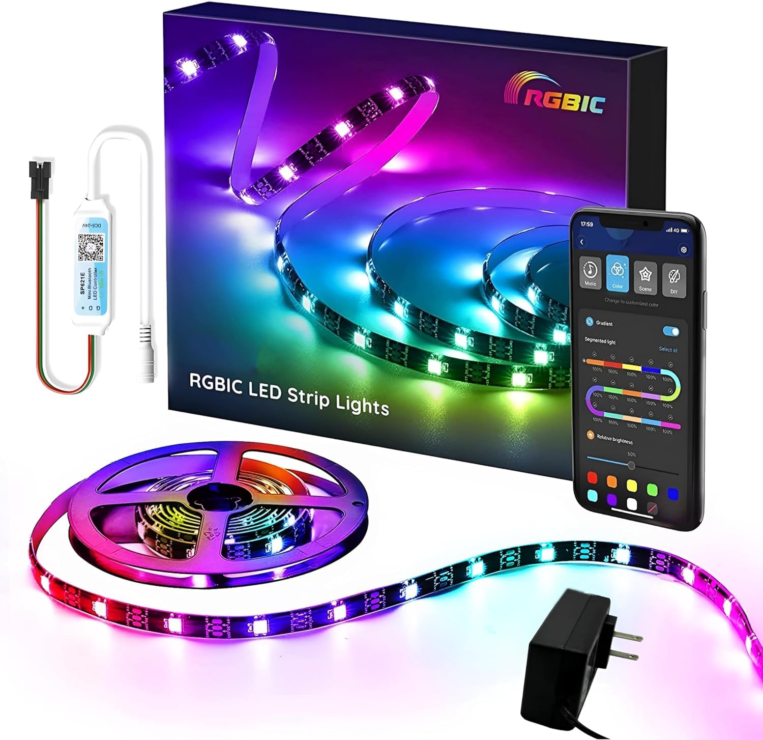 RGBIC LED Strip 16.4FT (5M) 300LEDs - App Controlled 60LED/M Dream Color Chasing Effect - Perfect for Bedroom, Desk, Home Decoration - Controller & Adapter Included - Black PCB