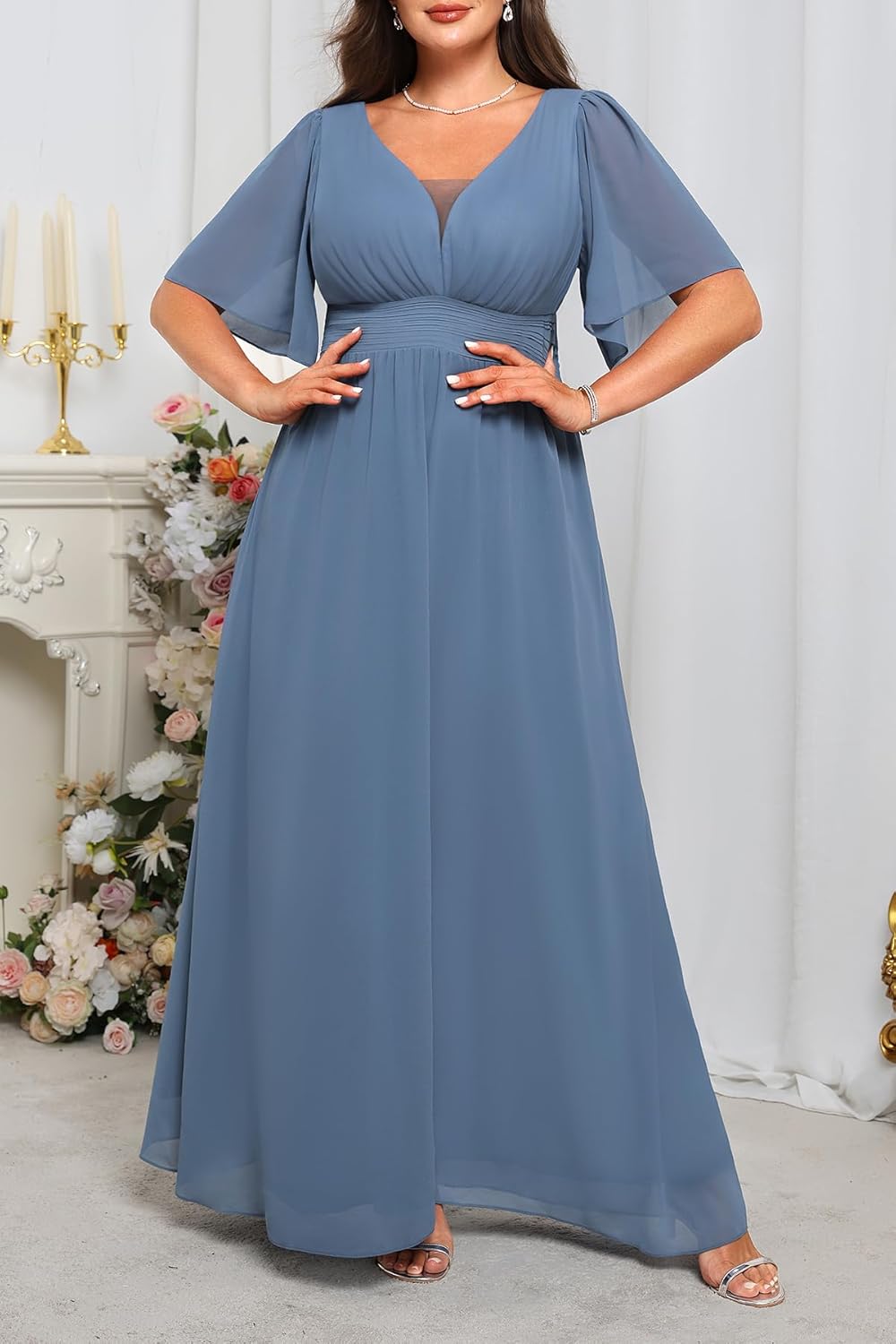 Plus Size Formal Dresses - V Neck Flutter Sleeves Evening Gowns Bridesmaid Wedding Guest Chiffon Long Maxi Dress - Image 4