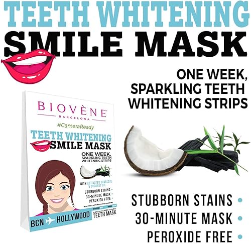 Miniatura 2 de Biovene Tiras blanqueadoras de dientes con máscara de sonrisa - con carbón activado y aceite de coco, apto para veganos, 14 tiras