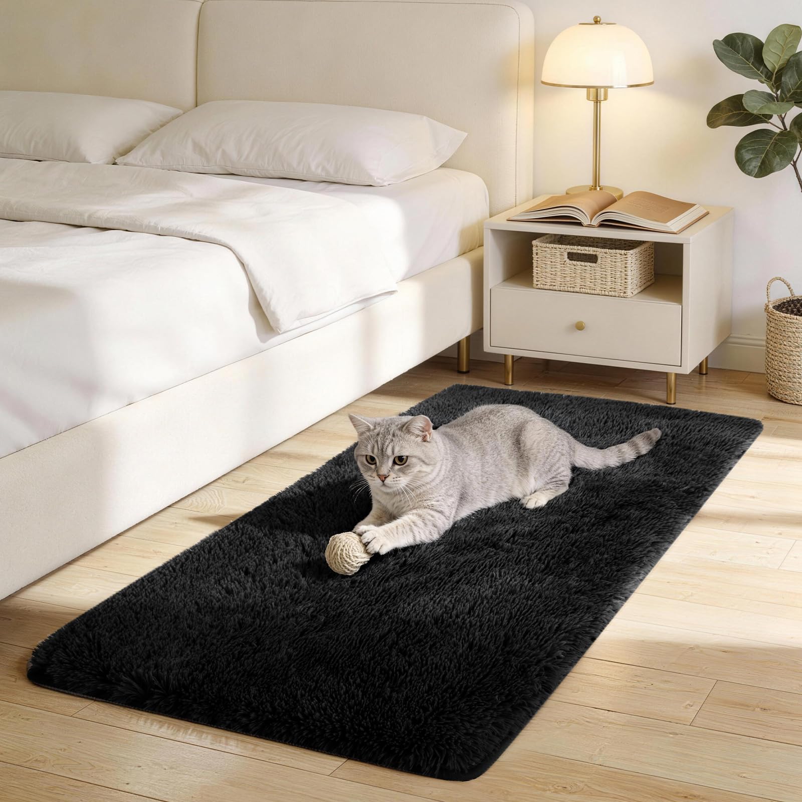 LNZHAO Rugs Living Room – 120x60 CM Black Area Rugs for Bedroom – Fluffy Shaggy Rug Washable Modern Floor Carpet – Soft Non Slip Rug Bedside Rug for Kids Room, Lounge, Dining Room — image 1