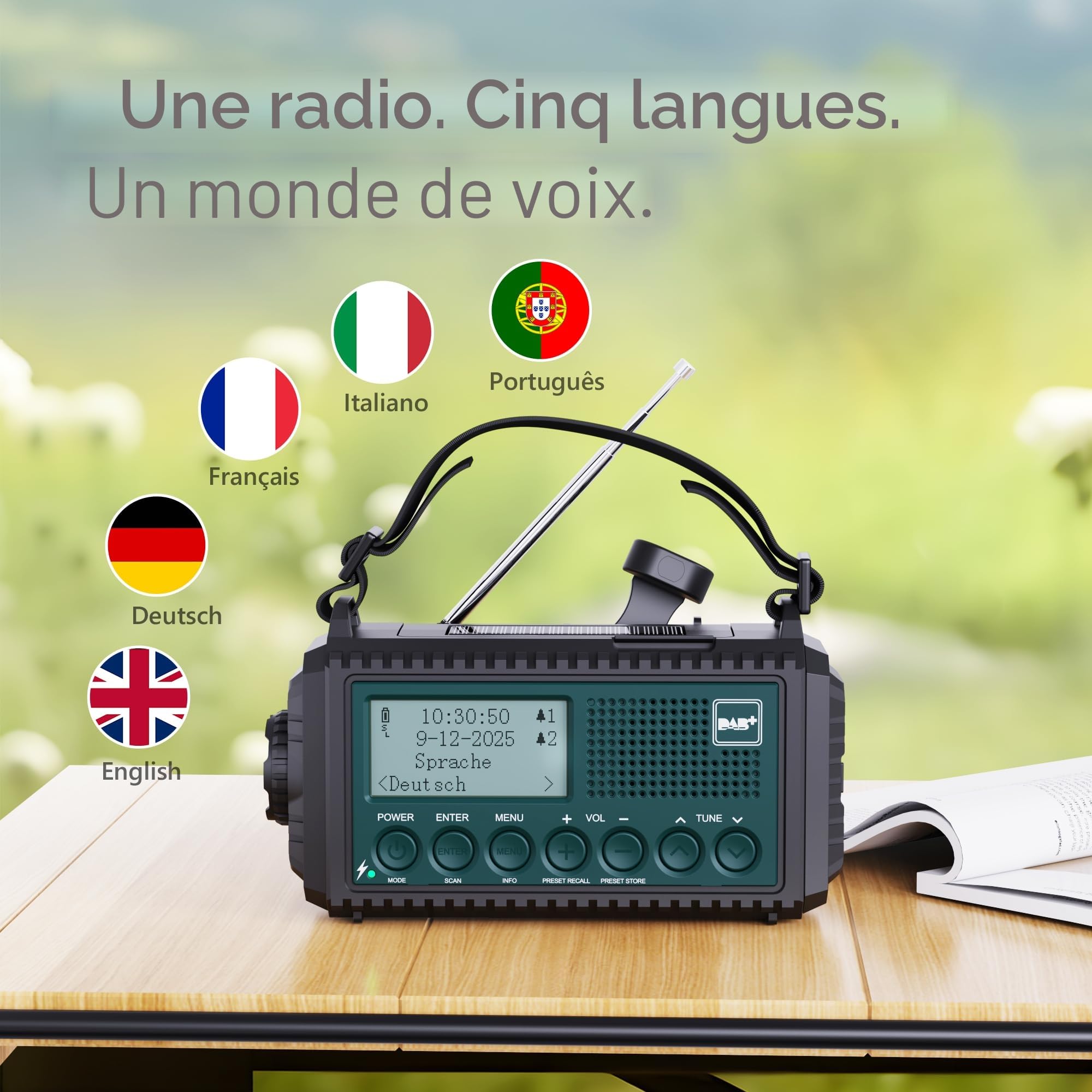 Dab/Dab+/FM Radio d'urgence Portable, Radio Solaire Manivelle avec Lampe Torche LED & Lampe de Lecture, 5000mAh Batterie Rechargeable, Alarme SOS de Camping, Bleu