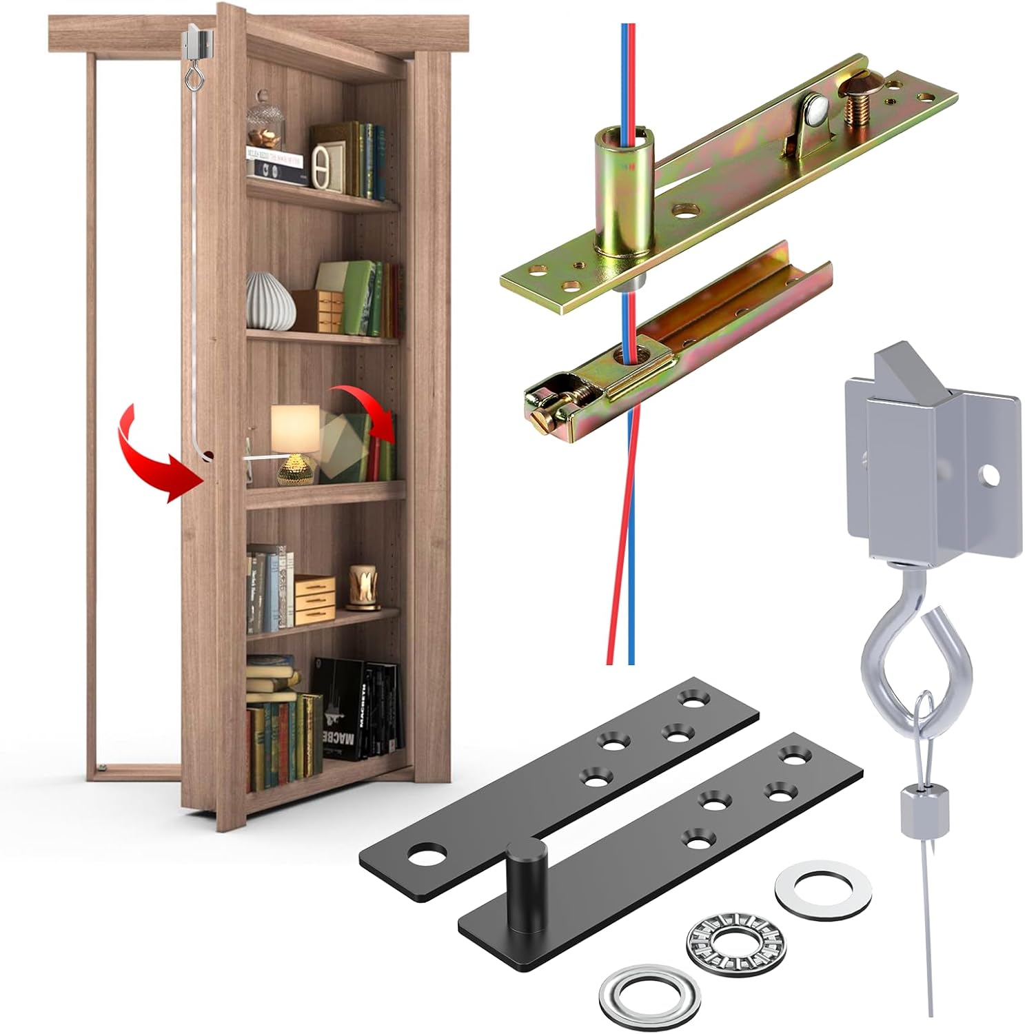 Pivot Hinges for Hidden Bookcase and Murphy Door – Concealed Invisible Hardware with Wire Passage for Secret Entrance, Heavy Duty DIY Kit for Bookshelf | 5/8" Offset, Supports 150 Lbs