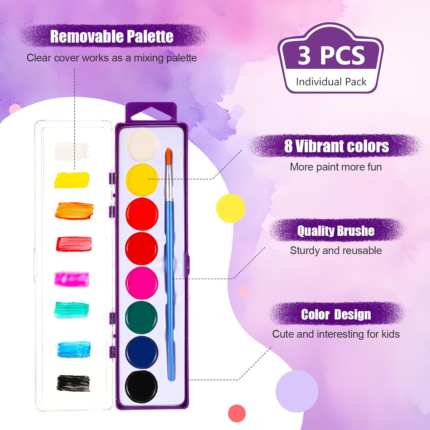 3 Pack 8 Colors Watercolor Paint Set Washable Watercolor Paint with Paint Brushes for Kids School Classroom Kindergarten Gifts Art Activities Party Supplies(Purple)