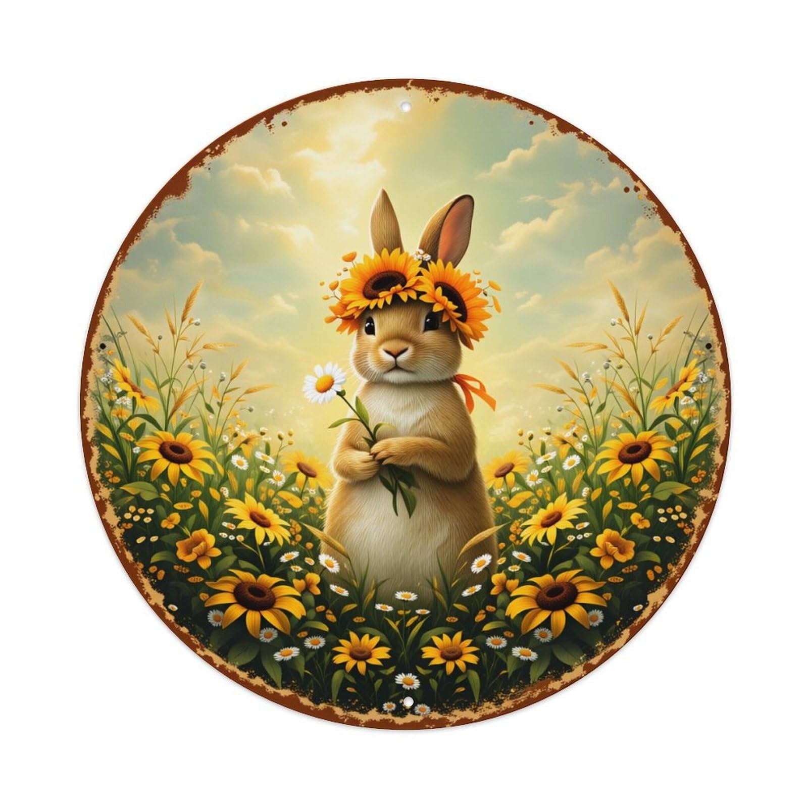 Wmlzdnwr Vintage Rabbit With Sunflower Crown In Field Of Flowers Round Tin Sign,Retro Wall Art,Metal Poster For Home, Bar, Garage, Cafe, Rustic Indoor & Outdoor Decor, 8X8 Inches