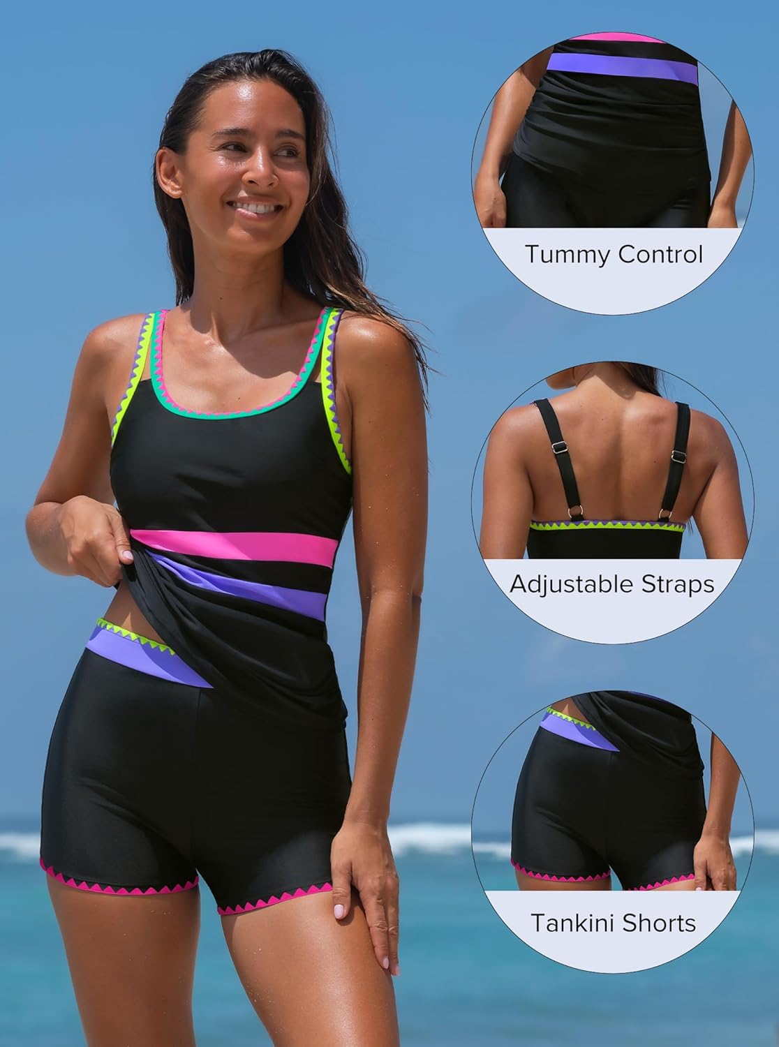 popvil Modest Womens Tankini Swimsuits: Tummy Control Two Piece Bathing Suits Swim Tank Top with Shorts Sporty Swimwear - Image 4