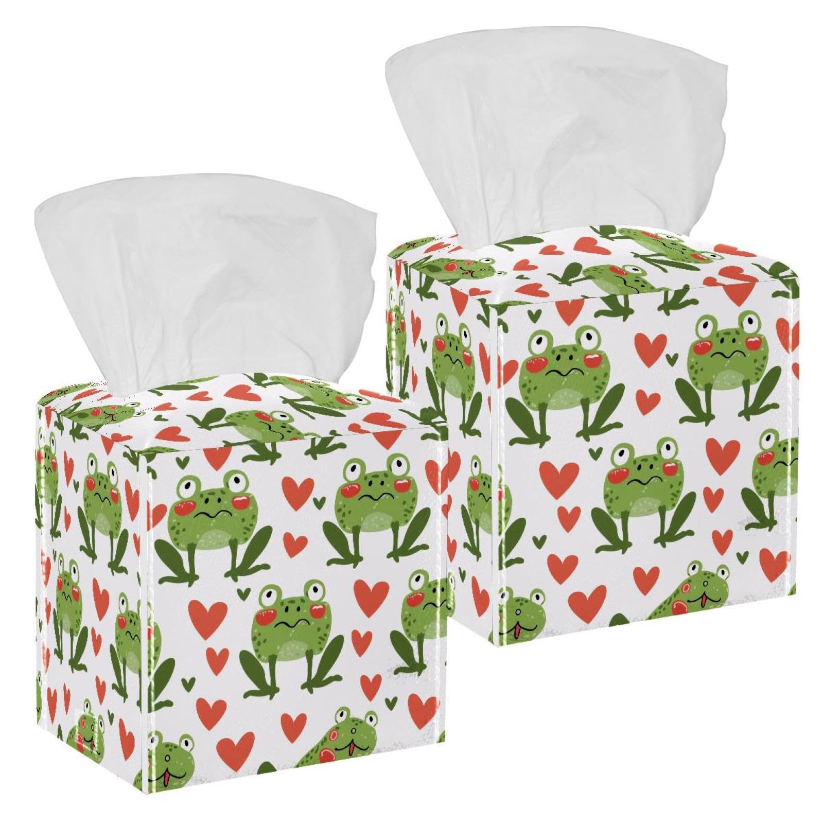 Frogs Hearts Tissue Box Cover, 2 Pack PU Leather Square Facial Tissue Dispenser Box holder for Home Office Car