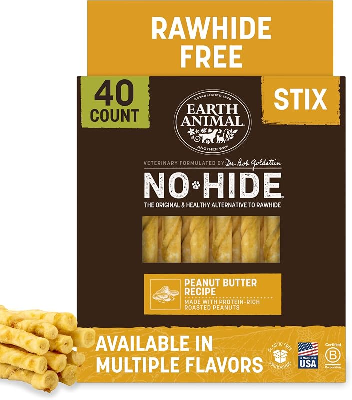 Palitos mastigáveis para cães e gatos Earth Animal No Hide Stix com amendoim, sem couro cru, 40 unidades