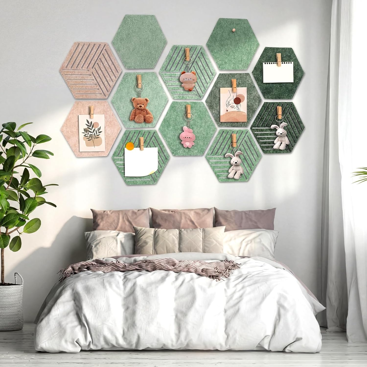 Zhehao Sage Green 15 Pack 12'' Large Hexagon Cork Bulletin Board Tiles Adhesive Frameless Corkboard Prayer Vision Cork Board for Office Wall Decor, Hex Tack Pinboard with 20 Push Pin 20 Wood Clip