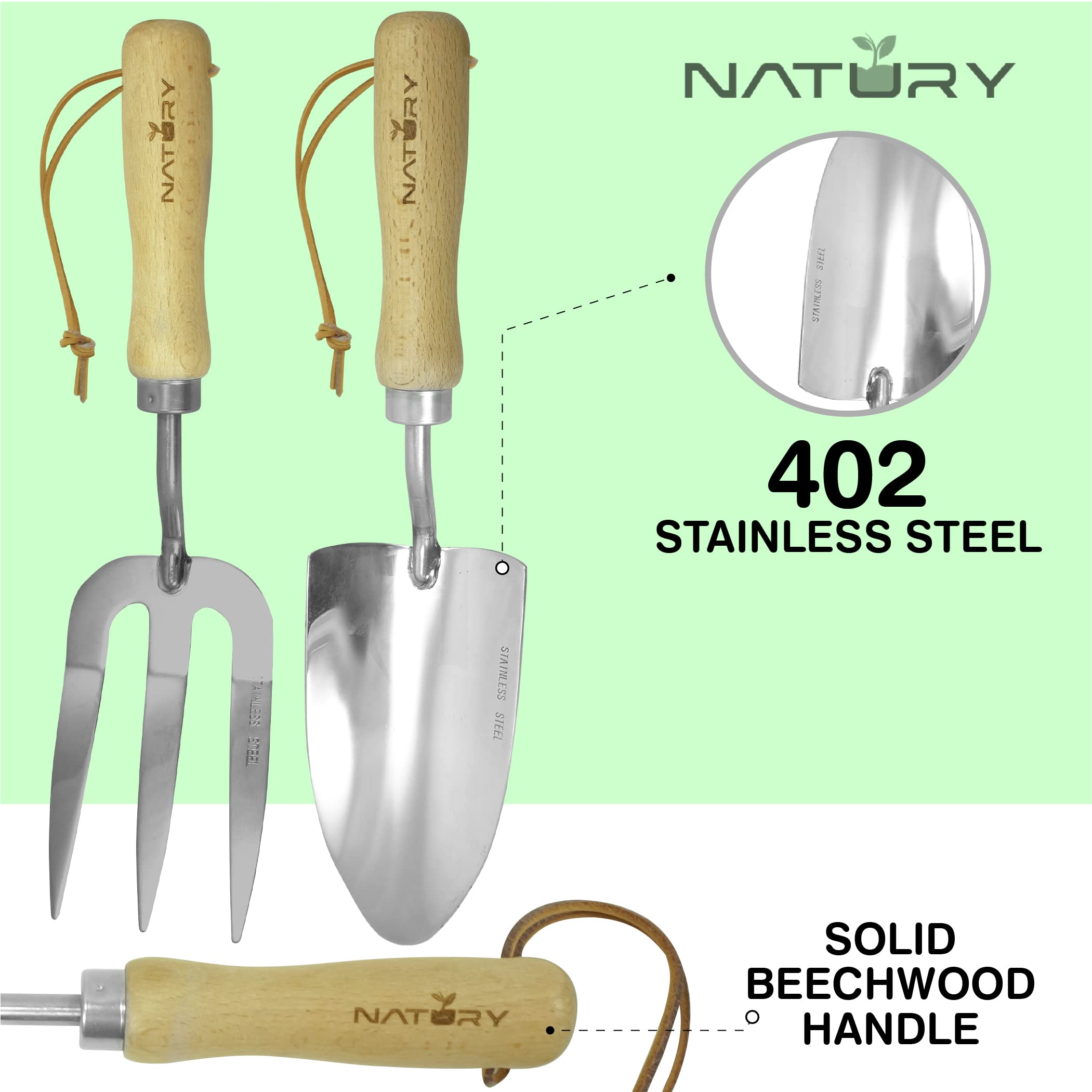 Juego de herramientas de jardín - Herramientas manuales de jardinería de acero inoxidable premium con mango de madera de haya maciza, kit de jardinería con rastrillo, pala, guantes
