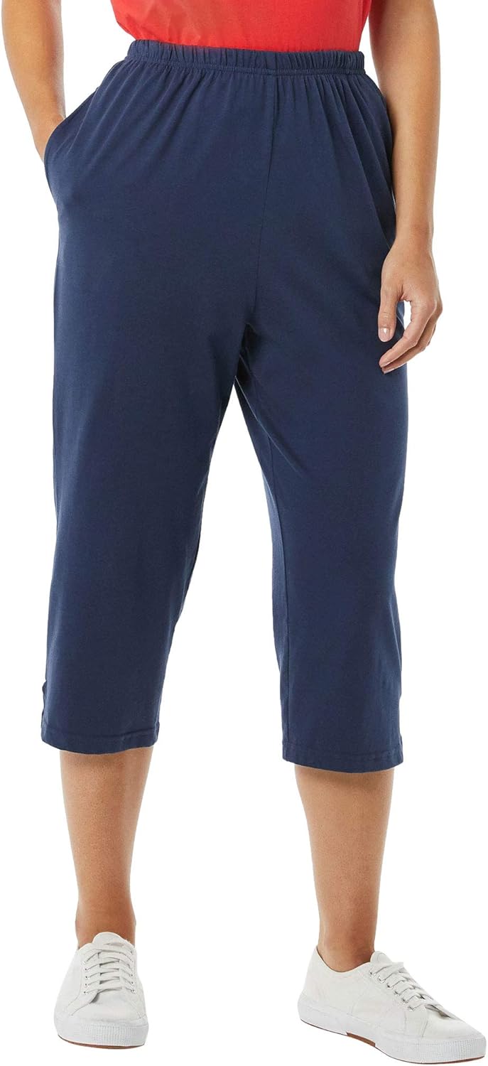 AmeriMark Women’s Capri Pants - Full Elastic Waist Pedal Pushers - Ladies 100% Cotton Pull-On Cropped Pants - Side Pockets