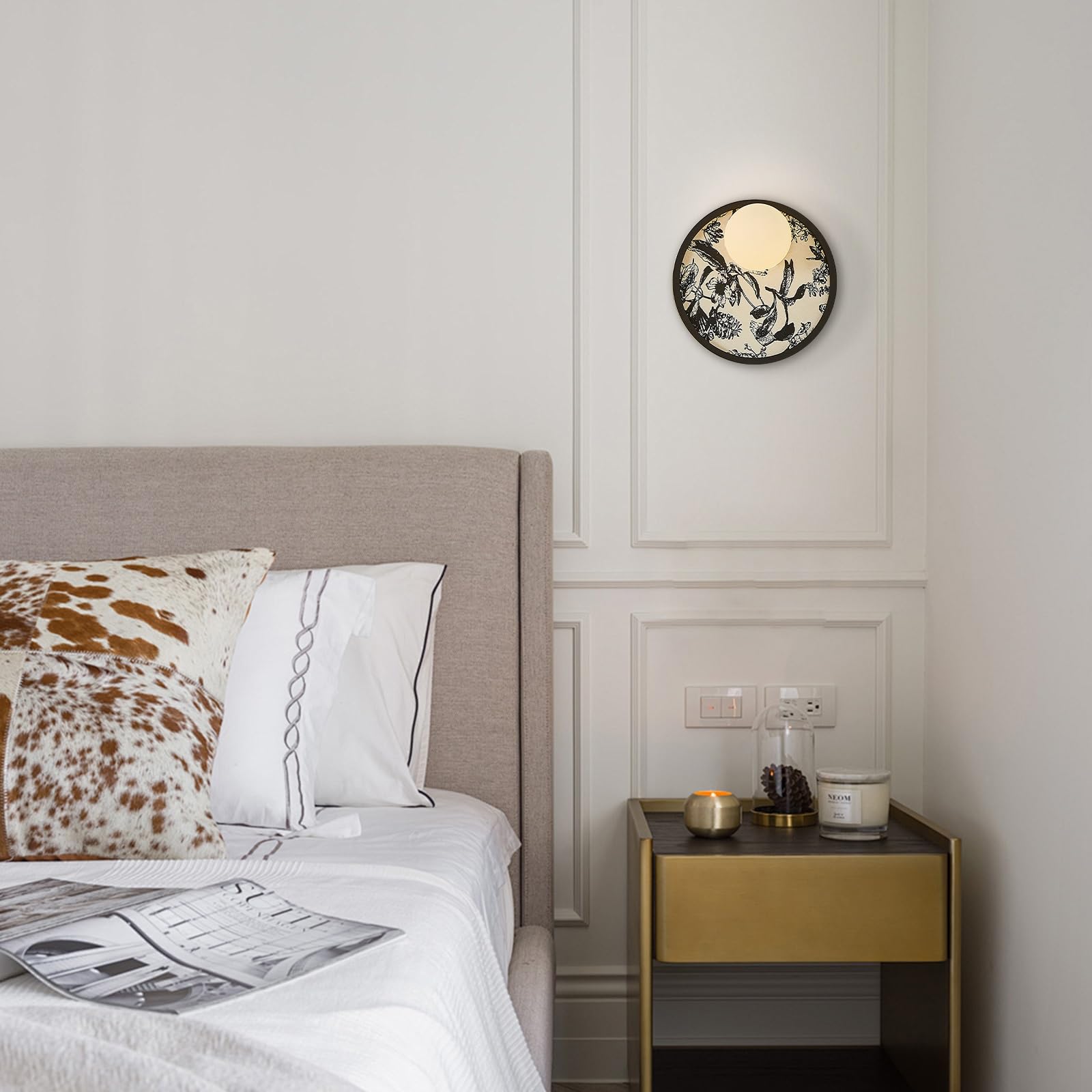 Applique da Parete in Tessuto Stile Mid Century con Paralume in Vetro, apparecchio di Illuminazione Moderno, Lampada da Interni con Cablaggio Fisso per Camera da Letto, Comodino, s