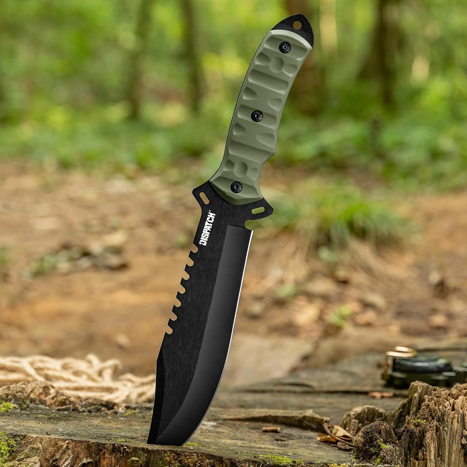 Dispatch Survival Hunting Knife with Sheath, 13.5-inch Full Tang Fixed Blade Tactical Bowie Knife with Serrated Blade Back and Non-Slip TPE Handle for Camping, Bushcraft, Outdoor Adventure