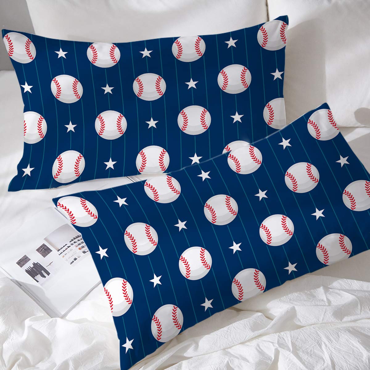 BlessLiving Baseball Pillow Cover Set of 2 for Boys, Sports Throw Pillow Case, Shams,Stars Stripes, Navy Blue, Polka Dots Vintage Pillow Cover, (Queen)