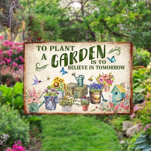Miniatura 6 de MeMate Letrero de metal con texto en inglés "To Plan a Garden is to Believe in Tomorrow", letrero de jardín de 8 x 12 pulgadas, decoración al aire