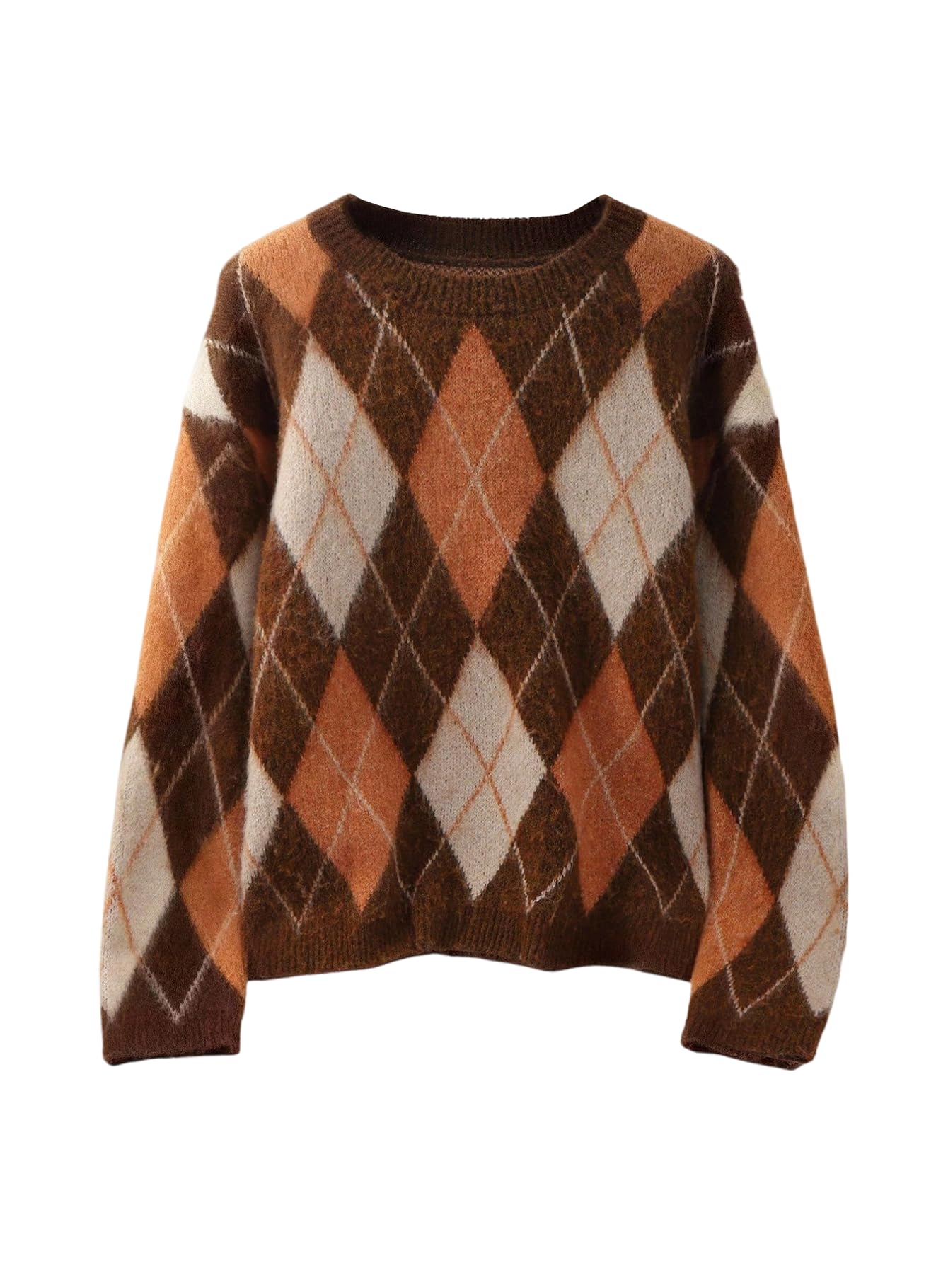 MakeMeChic Womens Argyle Plaid Sweater Crew Neck Long Sleeve Knit Vintage Pullovers