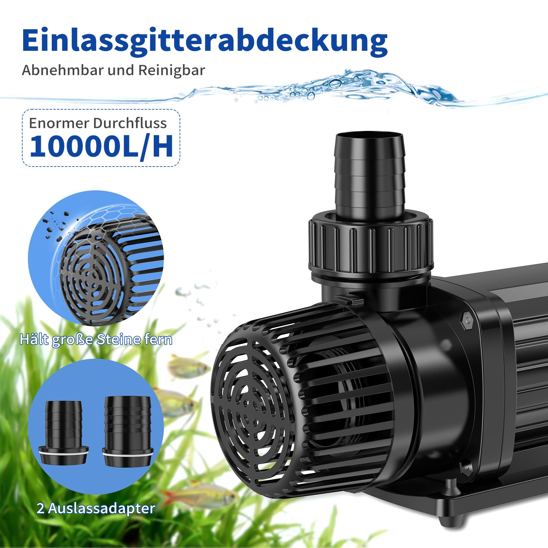 Eco Teichpumpe 10000L/H 85W, energiesparende Filterpumpe Hoherem Durchfluss, Bachlaufpumpe für Koiteiche, Umwälzpumpe, Gartenteichpumpe, Gartenteich für Süßwasser & Salzwasser