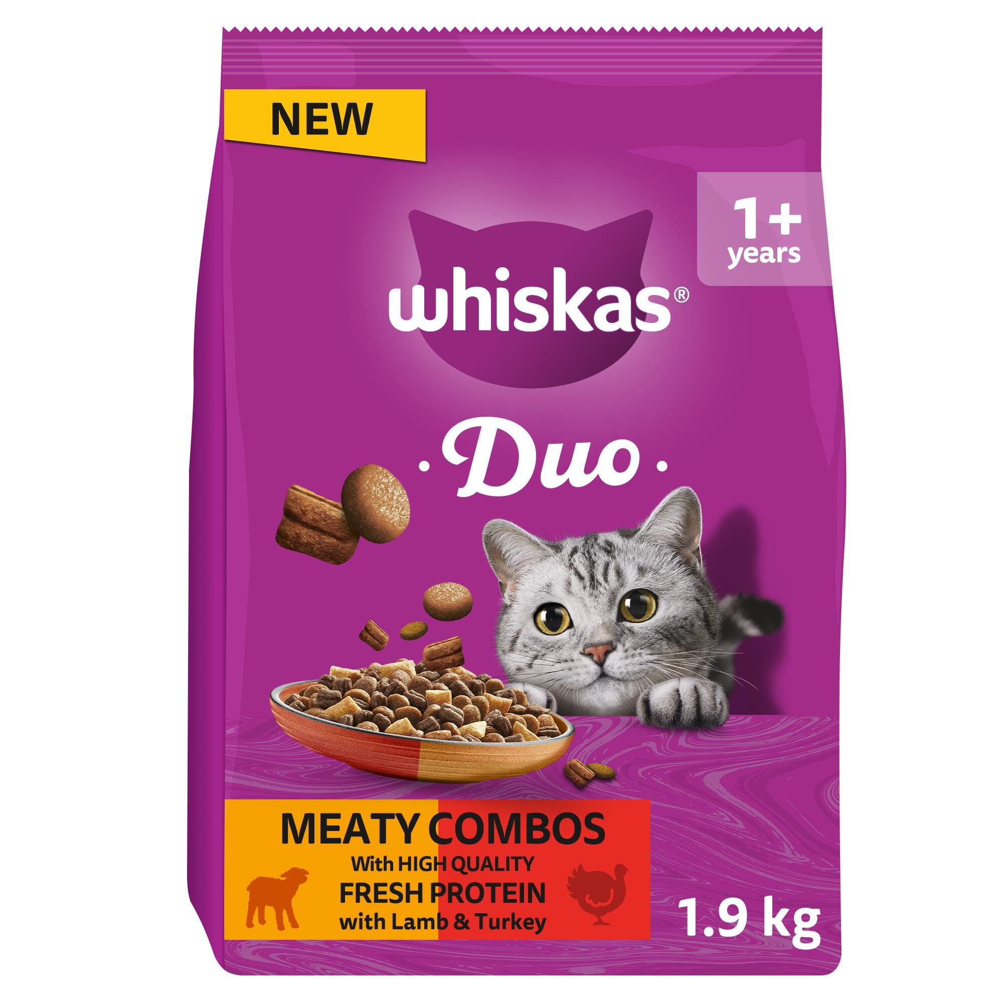 Whiskas DUO Adult Dry Cat Food 1.9kg Meaty Combos (Pack of 4)