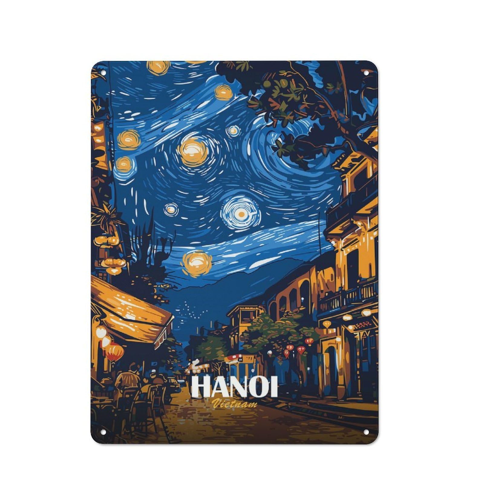 Vintage Metal Plaque 40x30cm Featuring Hanoi Vietnam Starry Night Art, Diner Style Decor for Restaurant, Kitchen, Counter Or Breakfast Nook