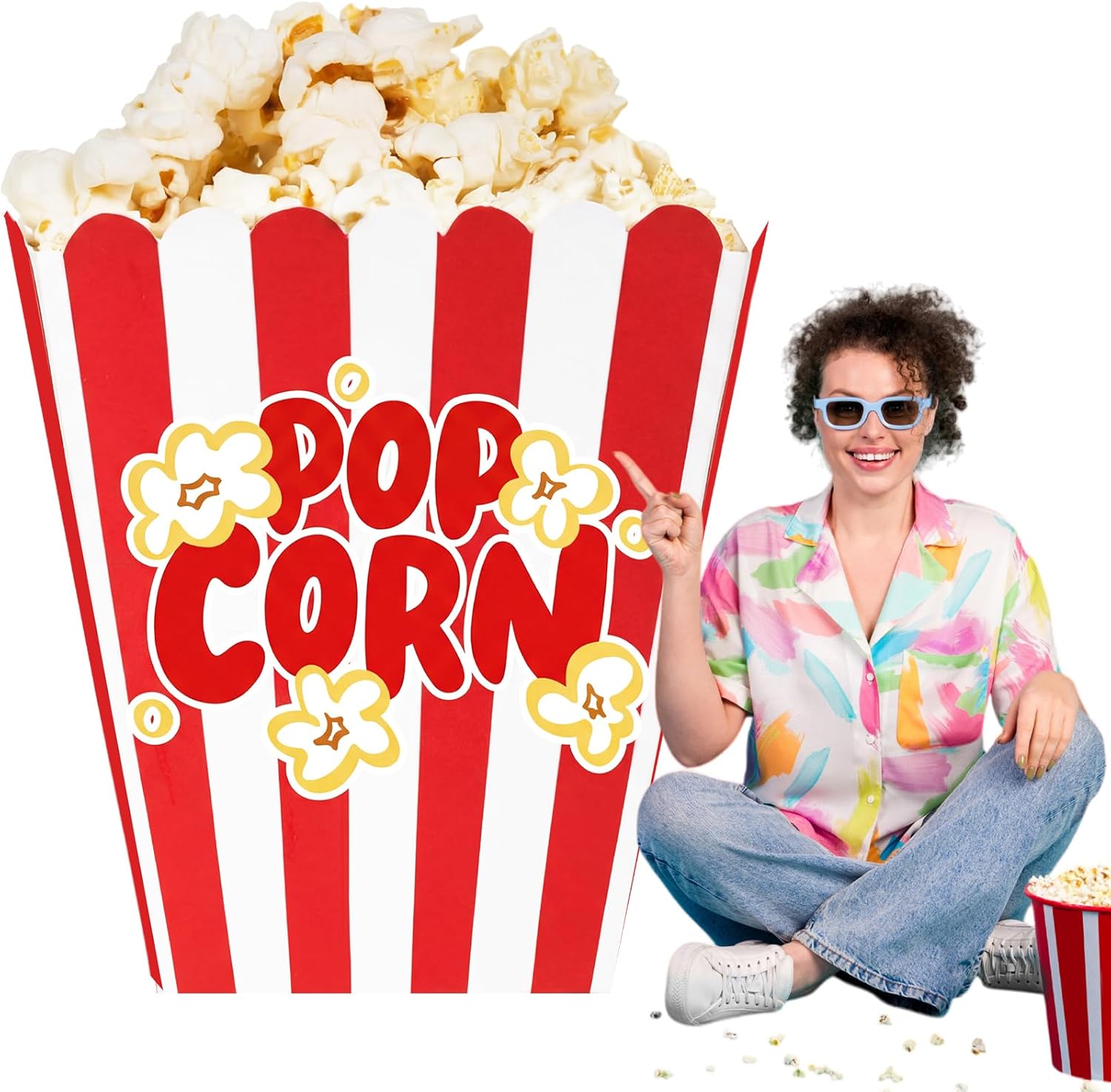 3.3 ft Giant Popcorn Box Cardboard Stand Movie Theme Party Decorations Carnivals Jumbo Popcorn Cardboard Cutout Stand up Birthday Photo Props Backdrop for Circus Theater Red Carpet Supply