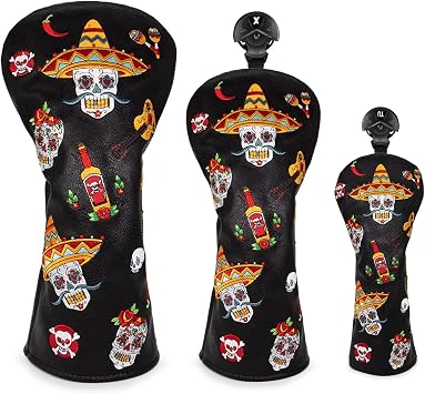 Golf Club Headcover for Drivers, Fairway Woods Covers Sugar Skull Hybrid Covers Advanced Embroidery DF3 OZ1 Mallet Putter Blade Putter Headcover Premium Leather