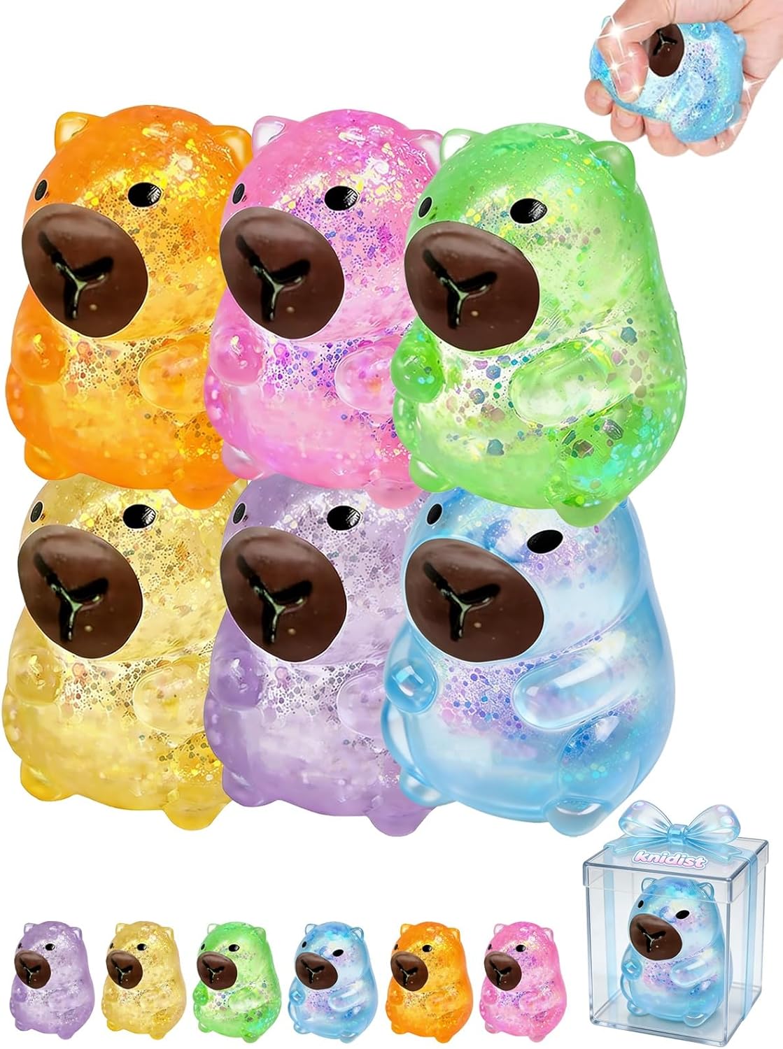 Capybara Squishy Glitter Animal Squeeze Balls Cute Capybara Stress Ball Anxiety Relief Slow Rise Adult Sensory Fidget Tool Gift Sparkling Desk Decor Collectibles Decompression Dough(6pcs Set)