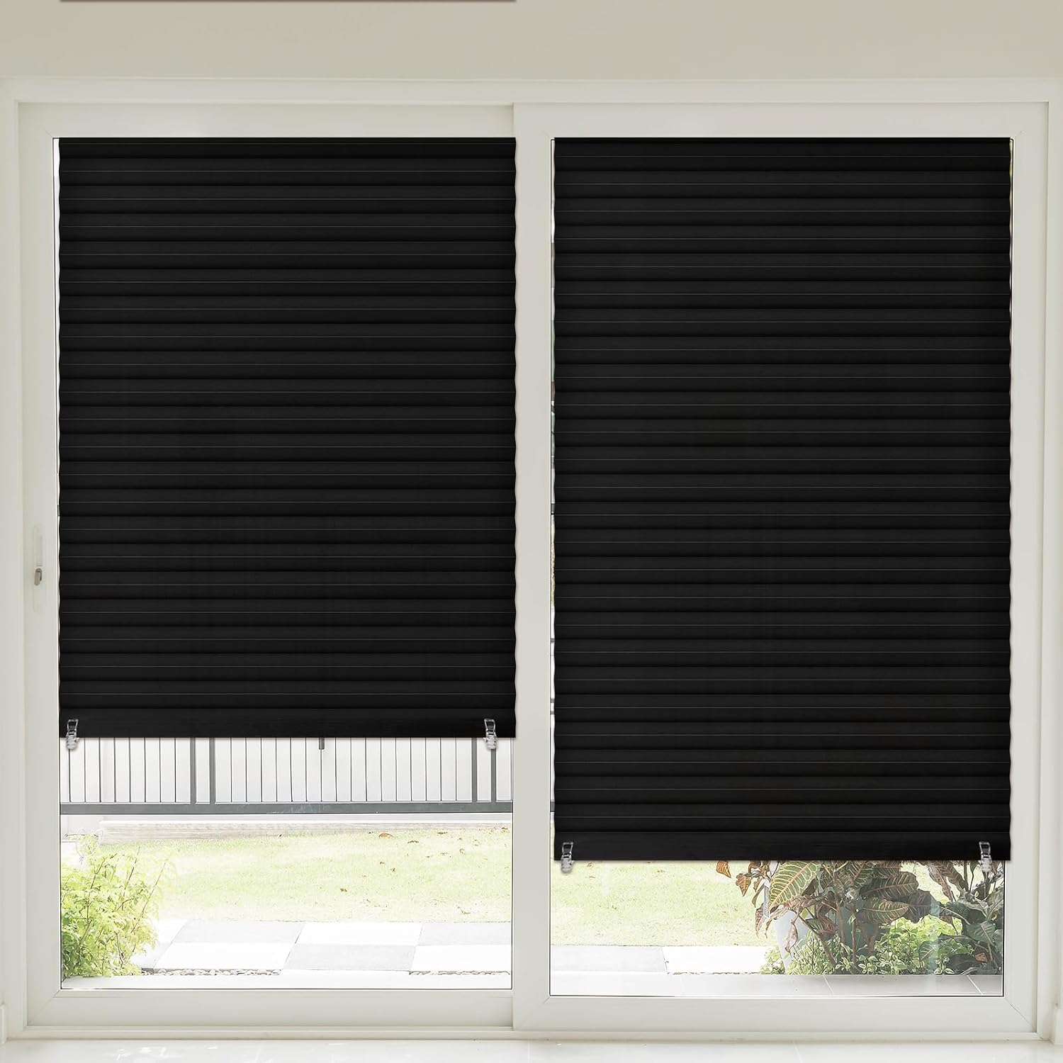 Threehoney 2-Pack 35x110 Inch No-Drill Blackout Pleated Shades - Cut-to-Size Adhesive Temporary Blinds for Sliding Doors, French Doors & Windows