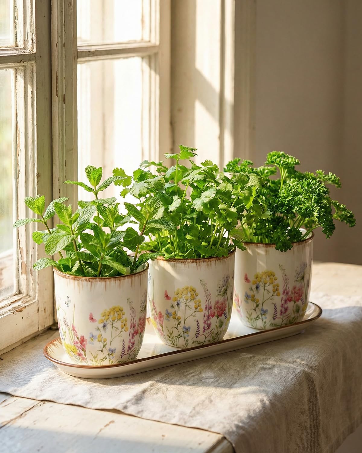 Keramik Pflanzgefäß Set mit Tablett - 3 Kleine Blumentöpfe mit Drainage, Dekorative Blumenkräuter Pflanzgefäße für Küche Fensterbank, Indoor Sukkulenten Töpfe für Pflanzen, Keramiktöpfe mit langem