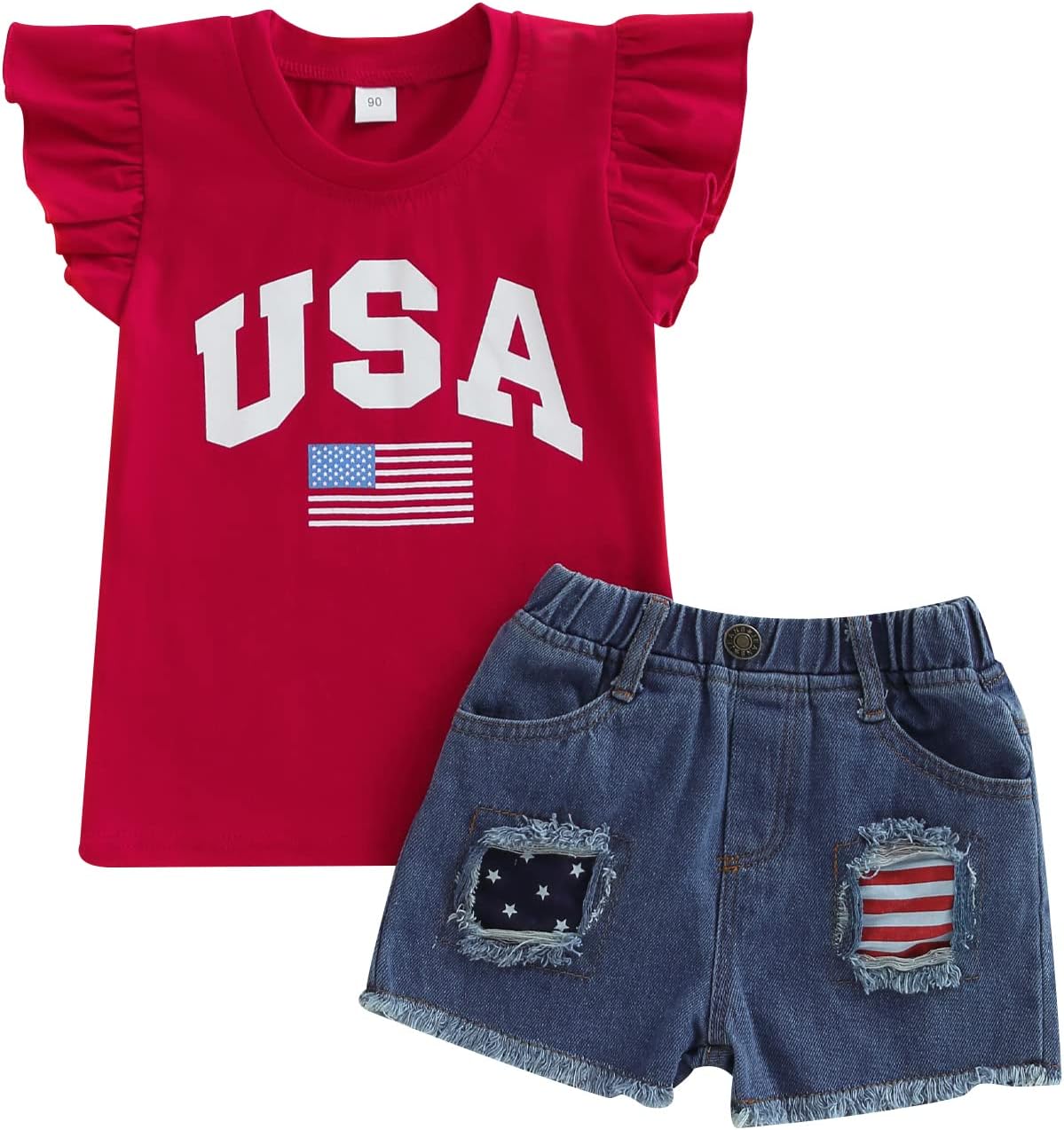 Userdefined 4th of July Baby Girl Outfit Toddler American Flag Flutter Sleeve Shirt Shorts Set Fourth of July Summer Clothes