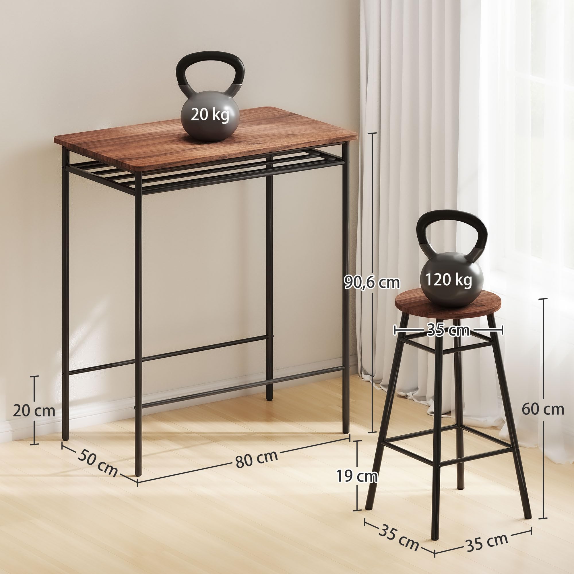 HOMCOM Juego de Mesa y Taburetes de Bar, Mesa Alta de Cocina con 2 Taburetes Industrial, Estante Abierto, Reposapiés, Ahorro de Espacio, para Espacios Reducidos, Comedor, Salón, Marrón