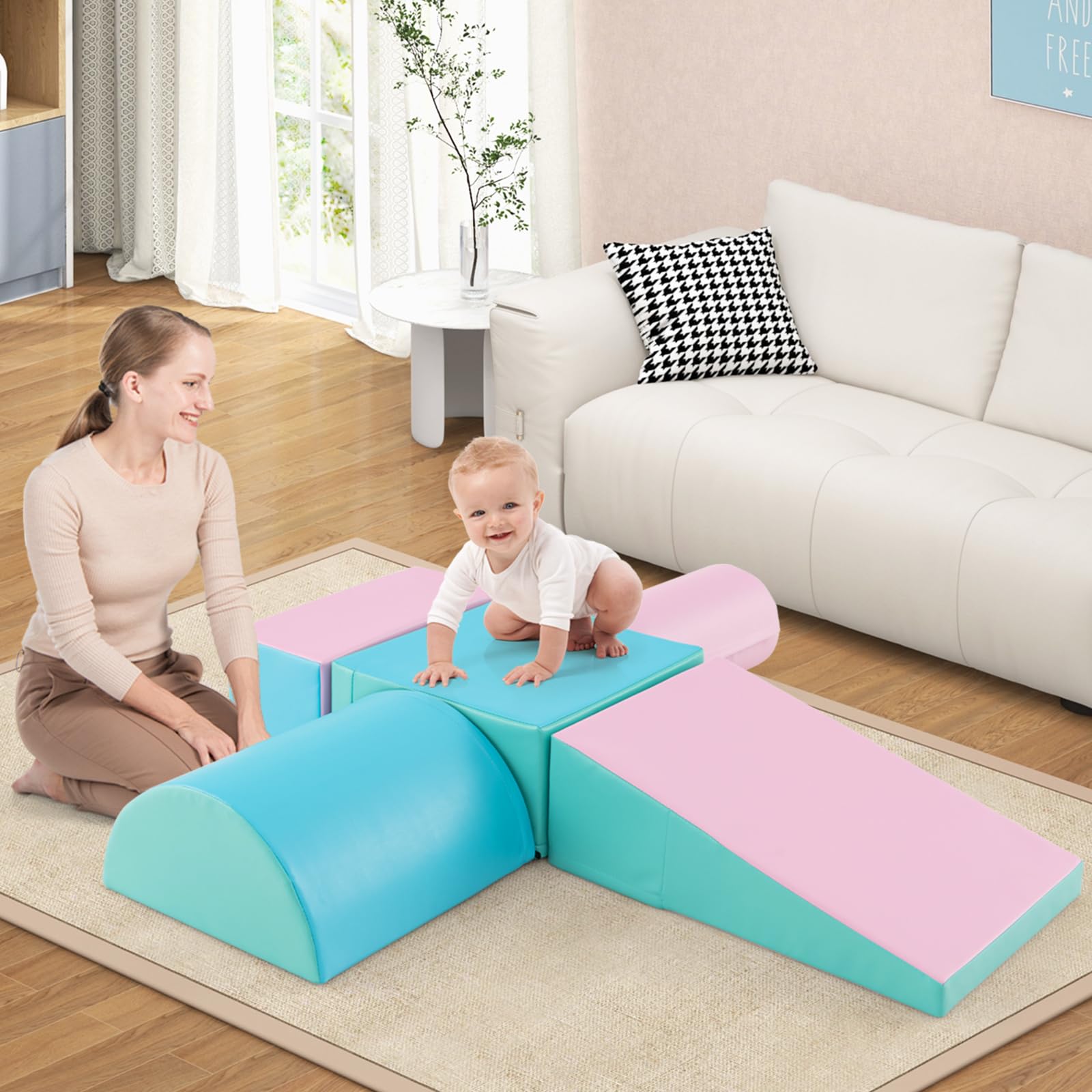 LIFEZEAL Set di 5 Blocchi Morbidi in Schiuma per Bambini 9-36 Mesi, Costruzioni, Libera Combinazione, Mattoni Cubi Componibile, Giocattolo Attività, con Scivolo, Arrampicata (verde+rosa)