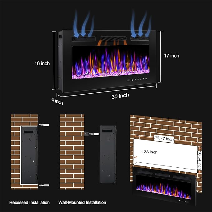 Chimenea Eléctrica BETELNUT 30" Empotrable con Control Remoto, 750/1500W miniatura 3