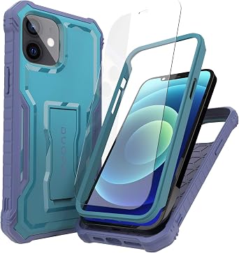 for Apple iPhone 12 Case, Military Grade Protection Shockproof Case with Tempered Glass HD Screen Protector and Kickstand Compatible with Apple iPhone 12 Pro Phone 6.1 Inch Blue