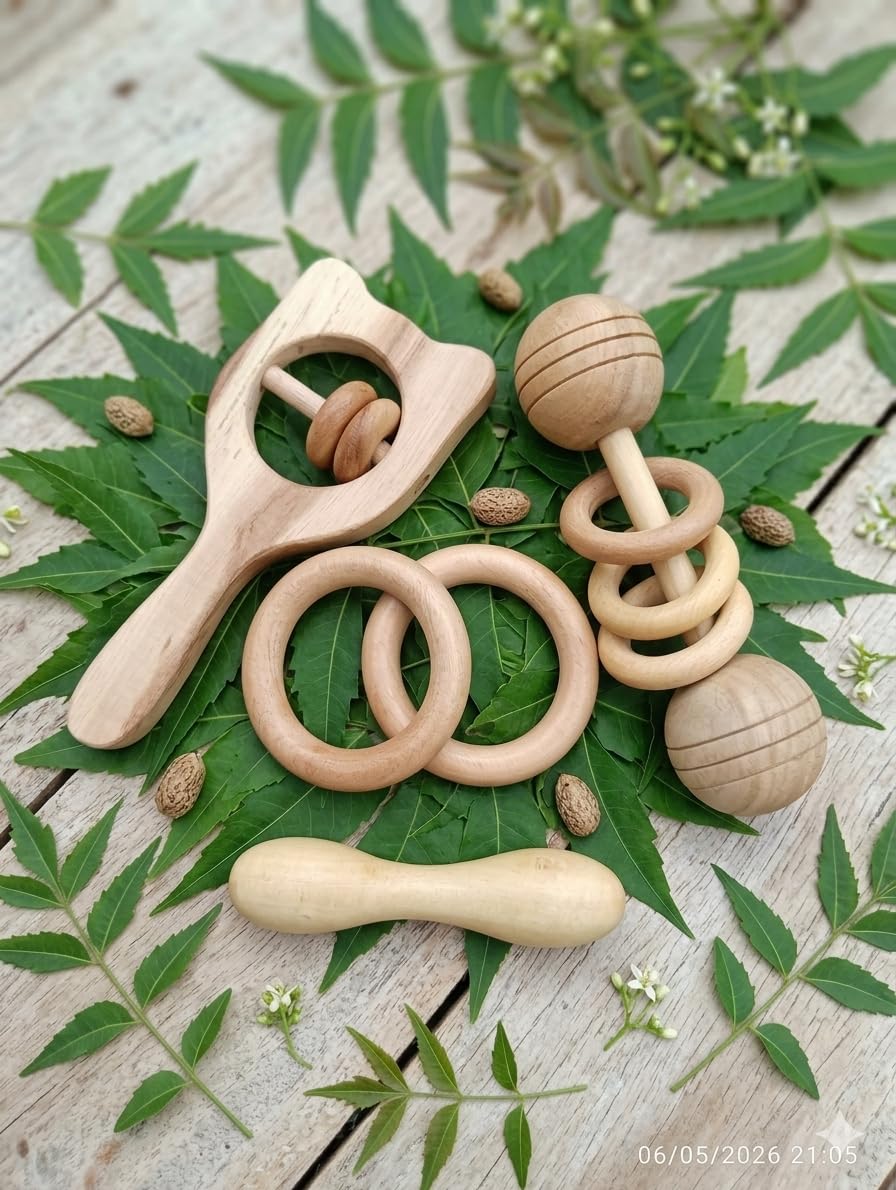 Wooden neem Teether Set, Natural Wood Baby Rattle and Teething Rings, Infant Sensory Toy-image-35
