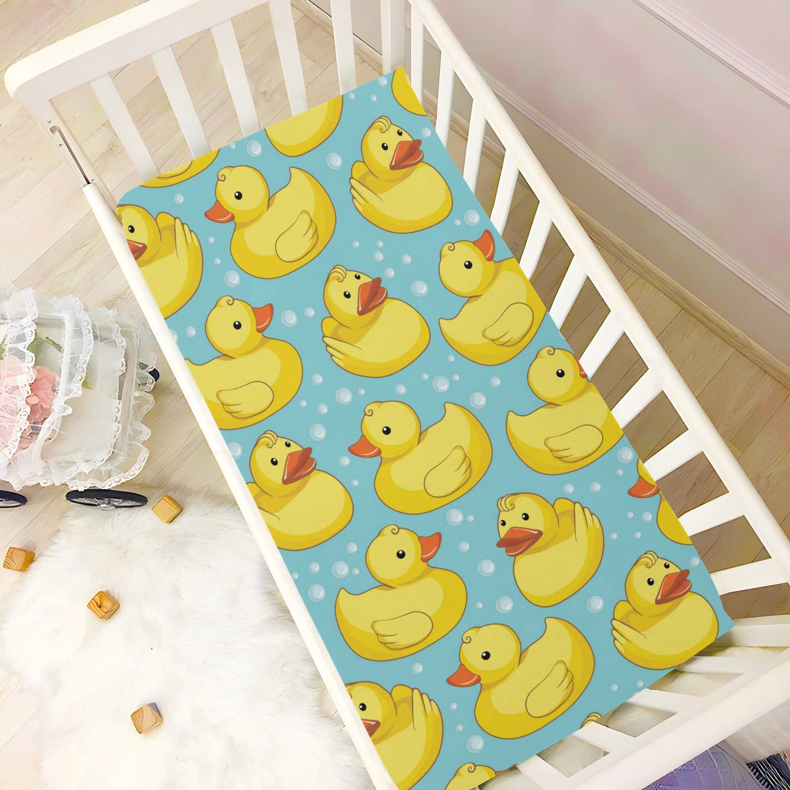 Spannbettlaken, Bettwäsche, Bettlaken für Kinderbett, süße gelbe Enten, weich, atmungsaktiv, pflegeleicht, Spannbetttuch für Babybett und Kinderbetten